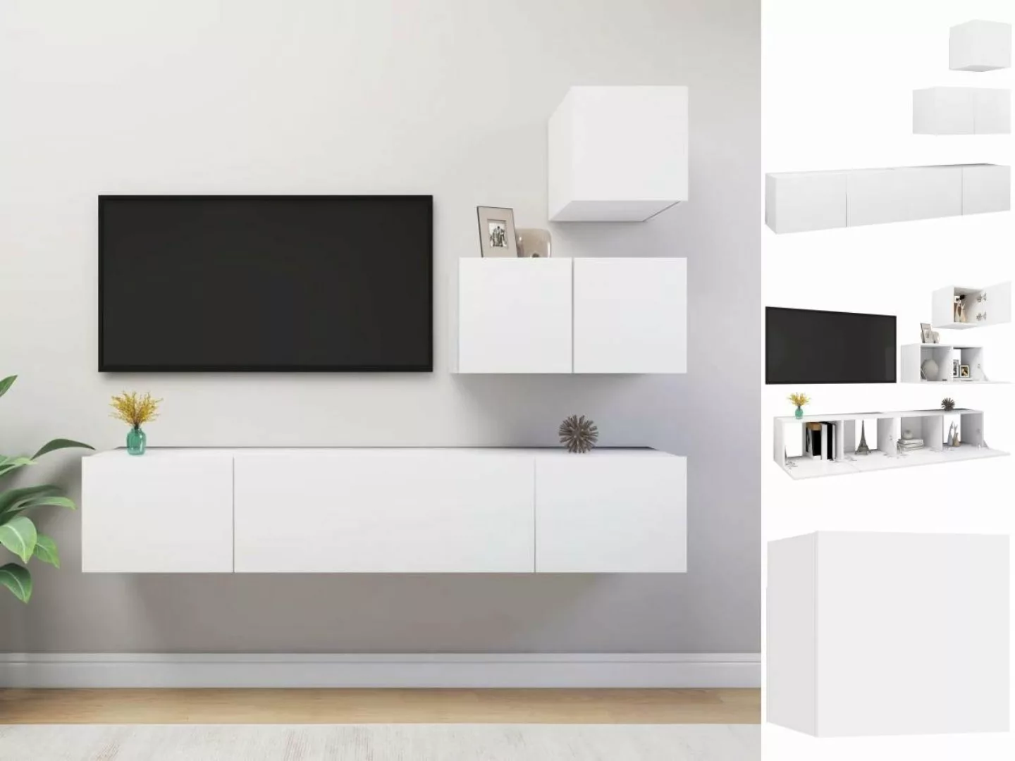 vidaXL Kleiderschrank 4-tlg TV-Schrank-Set Weiß Spanplatte TV-Konsole für F günstig online kaufen