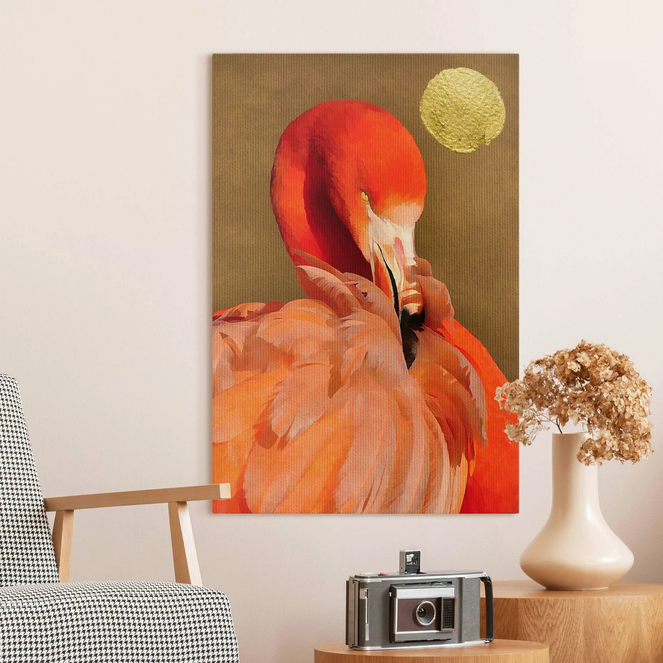 Leinwandbild Goldener Mond mit Flamingo günstig online kaufen