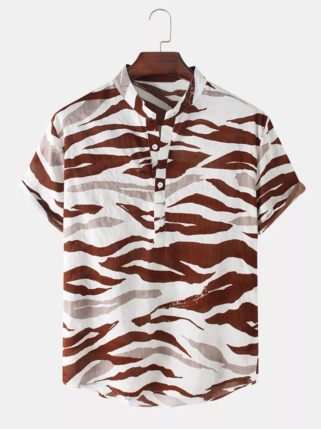 Herren Wave Print Baumwolle Stand Kragen Lose Kurzarm Henley Shirts günstig online kaufen