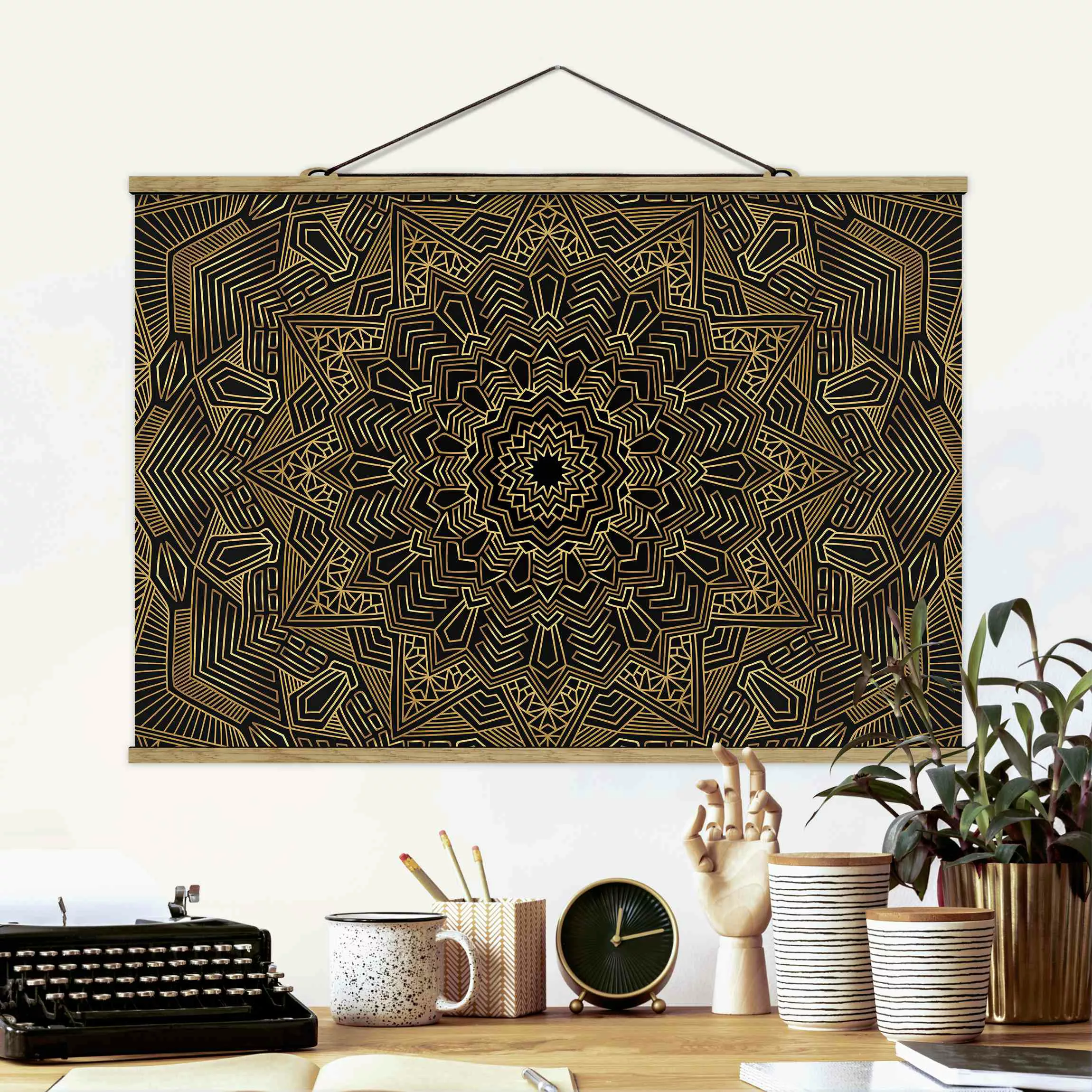 Stoffbild Mandala mit Posterleisten - Querformat Mandala Stern Muster gold günstig online kaufen