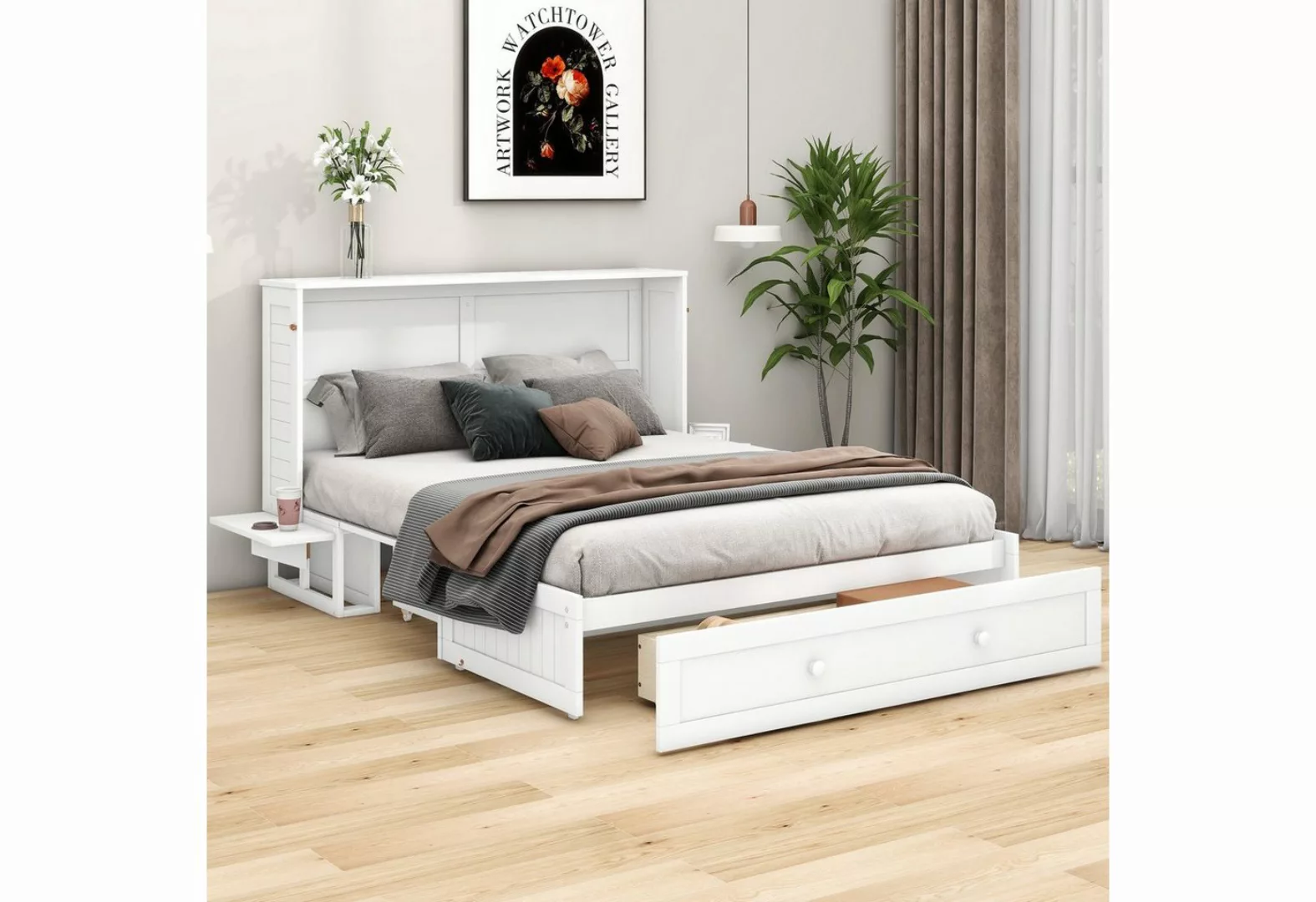 OKWISH Stauraumbett mit Schubladen am Bettende und kleinem Regal an der Sei günstig online kaufen