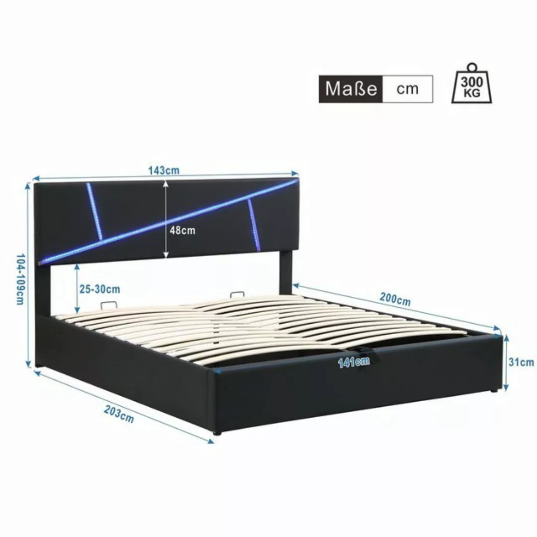 Odikalo Stauraumbett Doppelbett Polsterbett 16-LED Lattenrost Schwarz/Weiss günstig online kaufen