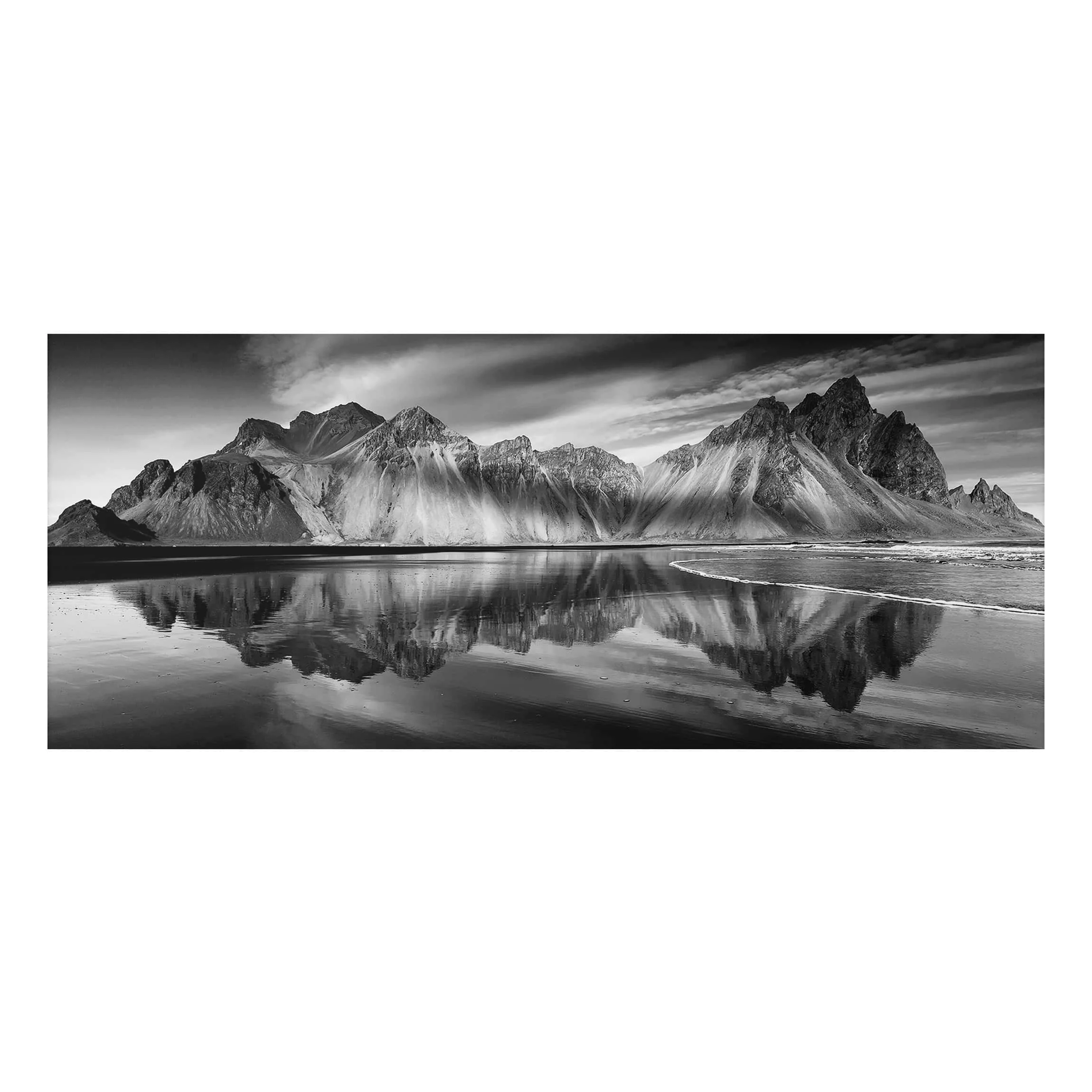Alu-Dibond Bild Schwarz-Weiß - Panorama Vesturhorn in Island günstig online kaufen