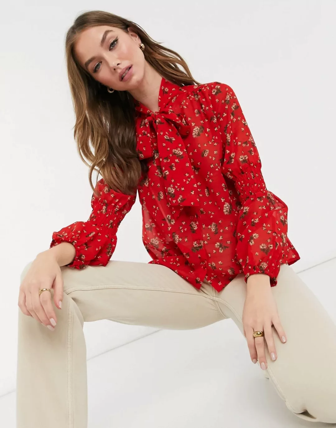New Look – Rote Schluppenbluse mit Blümchenmuster günstig online kaufen