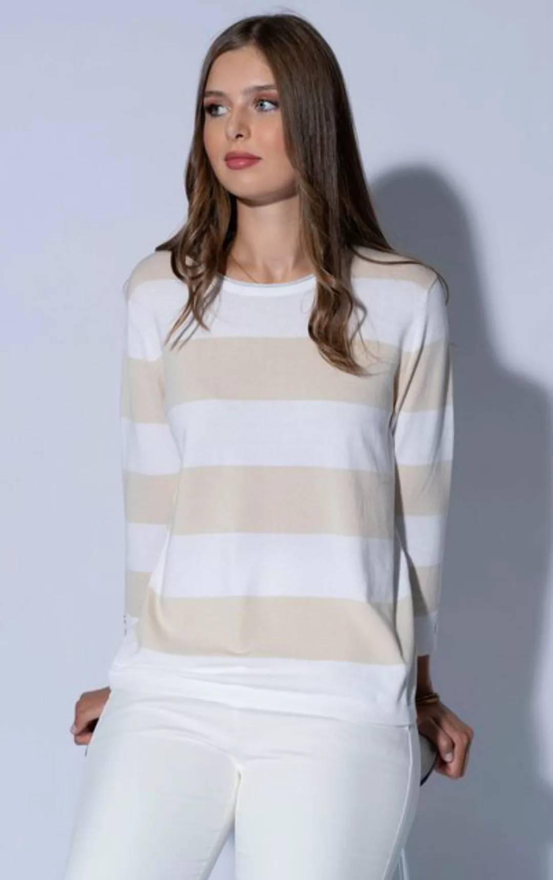 Passioni Streifenpullover Beige-Weiß gestreifter Pullover mit Rundhalsaussc günstig online kaufen