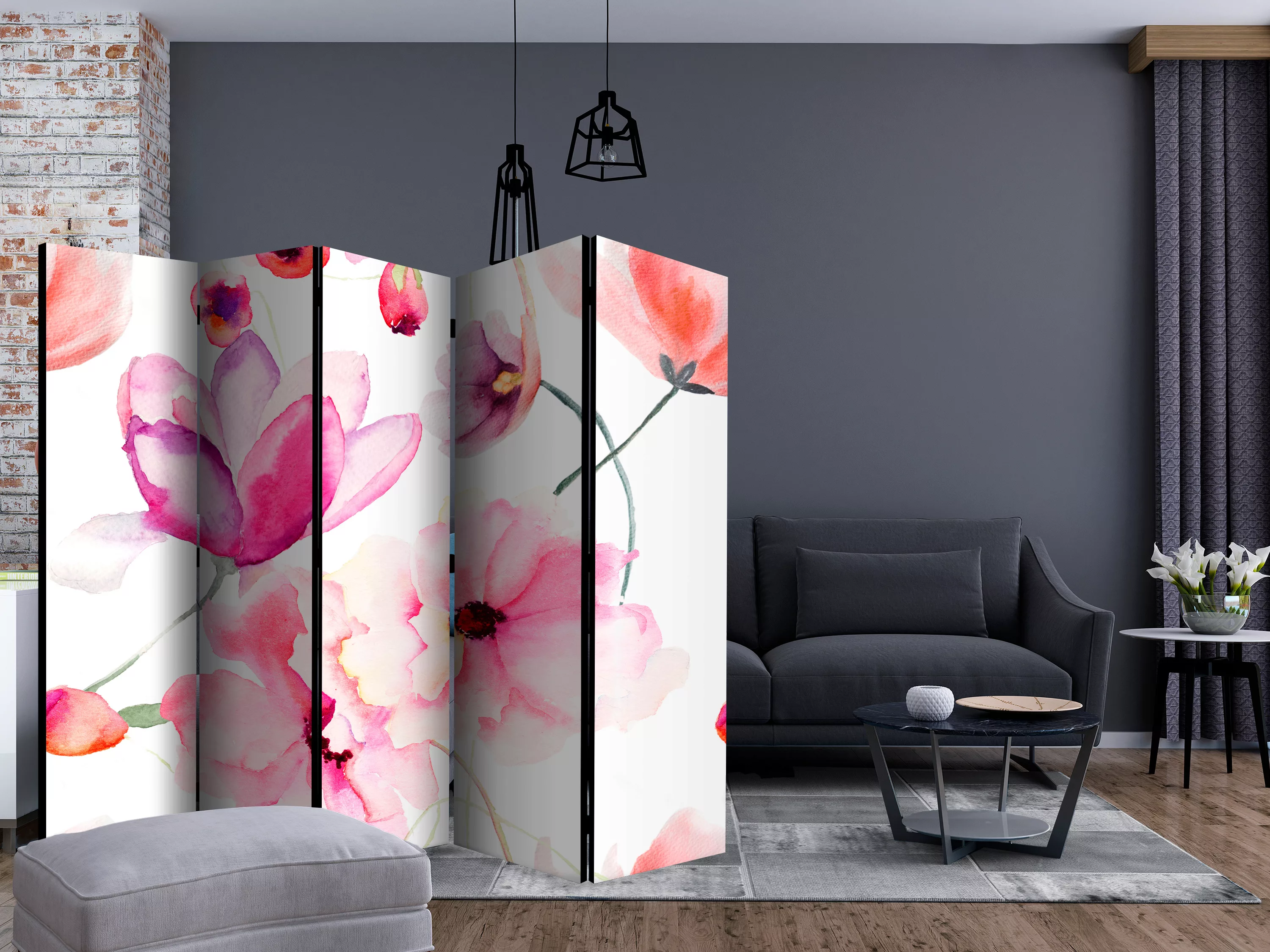 5-teiliges Paravent - Pink Flowers Ii [room Dividers] günstig online kaufen