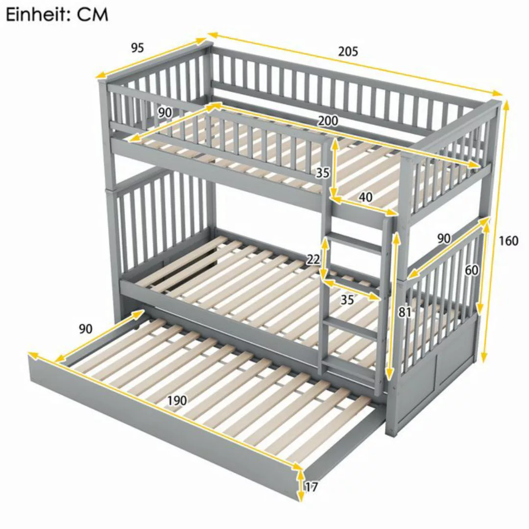 TavilaEcon Etagenbett Kinderbett Dreierbetten 90x200cm, Hohe Geländer, Stab günstig online kaufen