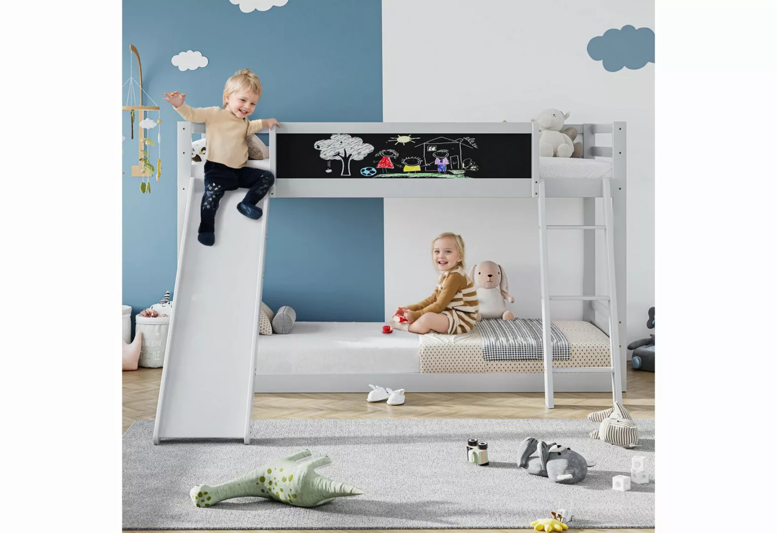 Rutaqian Daybett Doppelbett mit Treppe und Rutschen, Bett mit Zaun, Kinderk günstig online kaufen