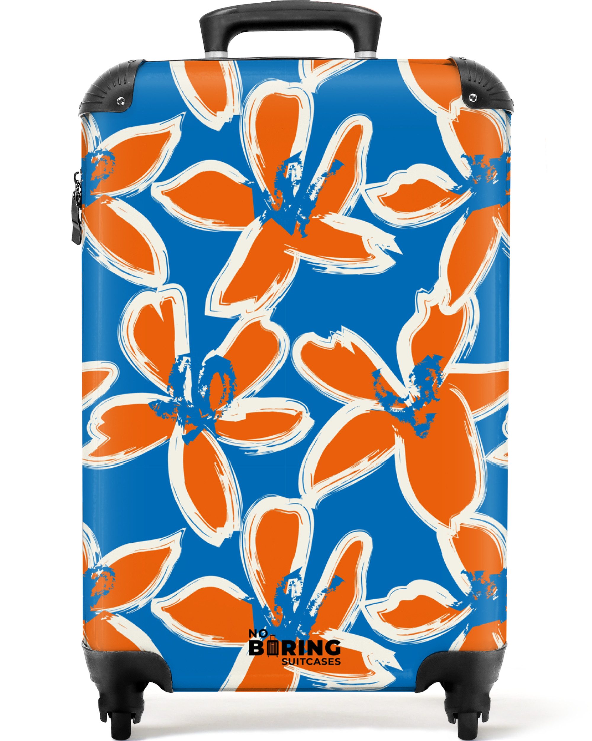 NoBoringSuitcases.com© Hartschalen-Trolley Blau mit orangefarbenen Blumen günstig online kaufen
