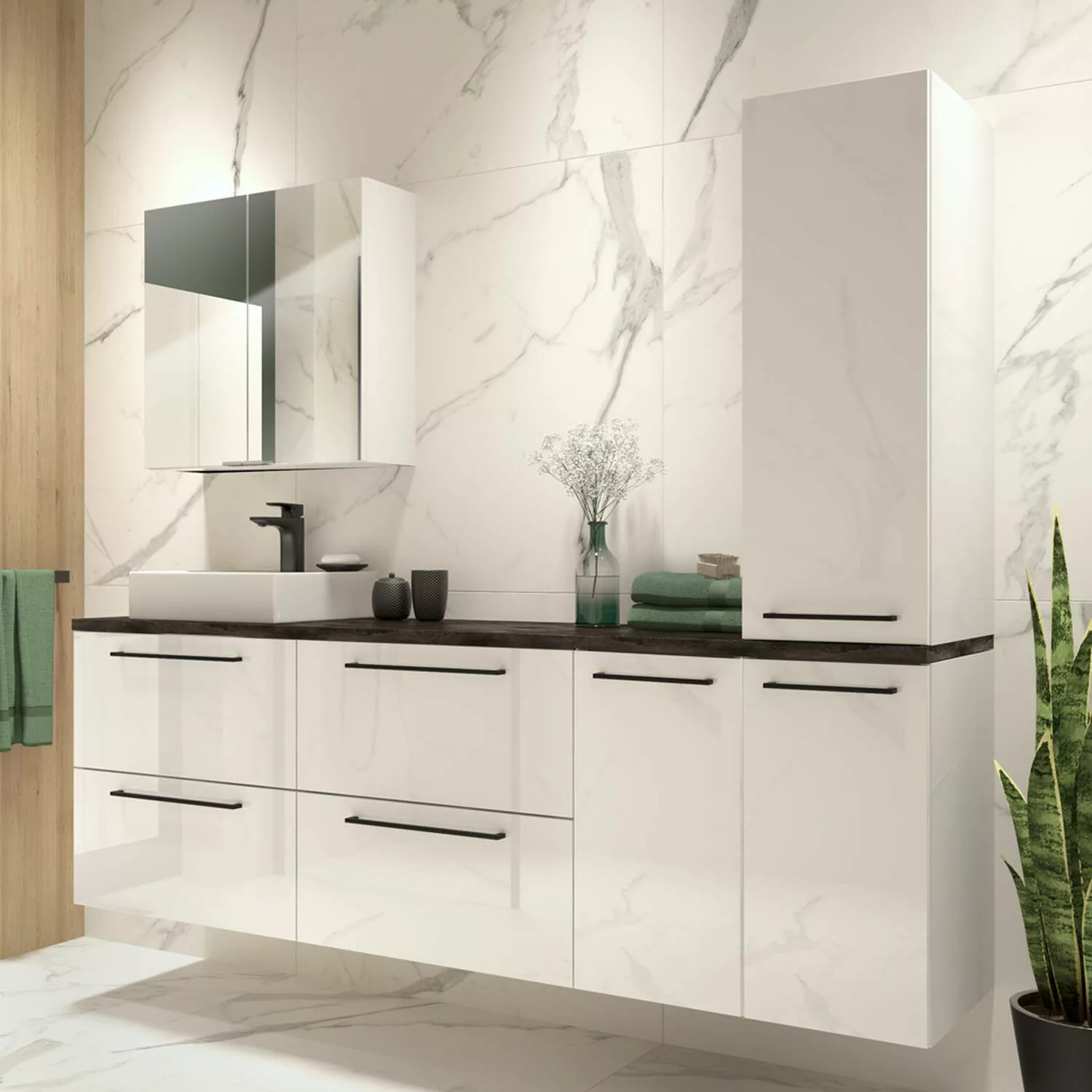 Badezimmer Set in weiß Hochglanz lackiert, Waschtischplatte in Beton Dunkel günstig online kaufen