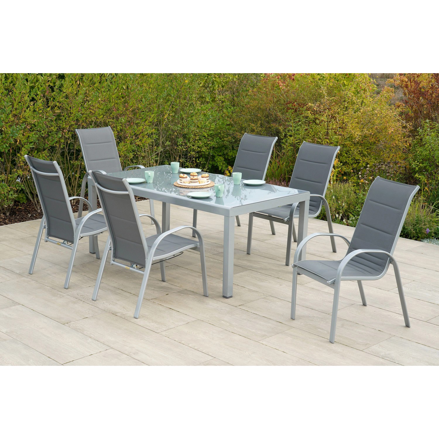 Merxx Amalfi Set 7 -tlg. 6 Stapelsessel Gartentisch 190 x 100 cm Grau günstig online kaufen