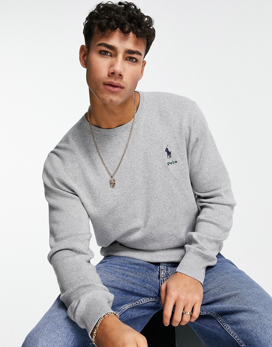 Polo Ralph Lauren – Strickpullover aus Baumwolle in Kalkgrau mit Polospiele günstig online kaufen