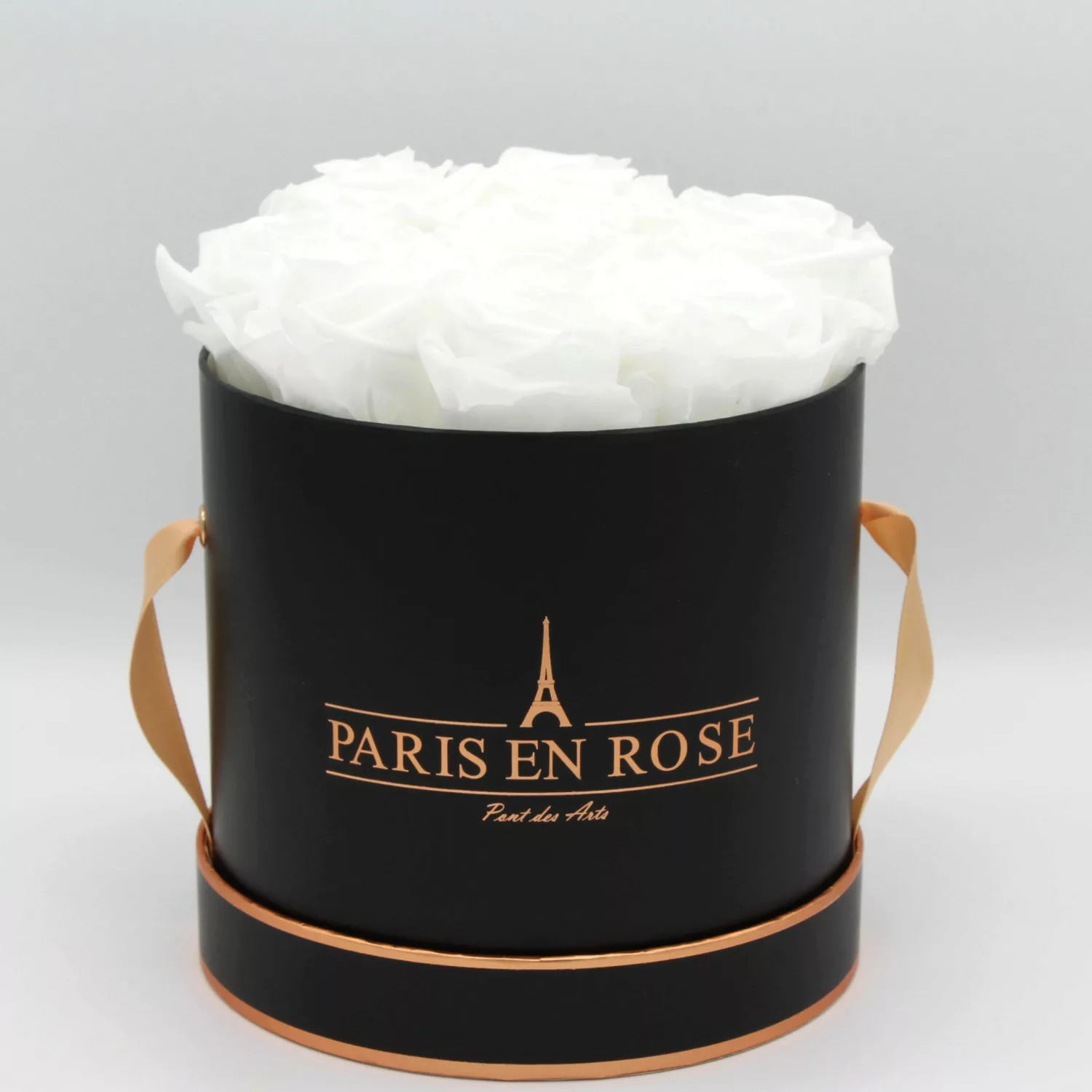 Rosenbox Ø 14,5 cm Schwarz-Roségold mit 9 Weißen Rosen günstig online kaufen
