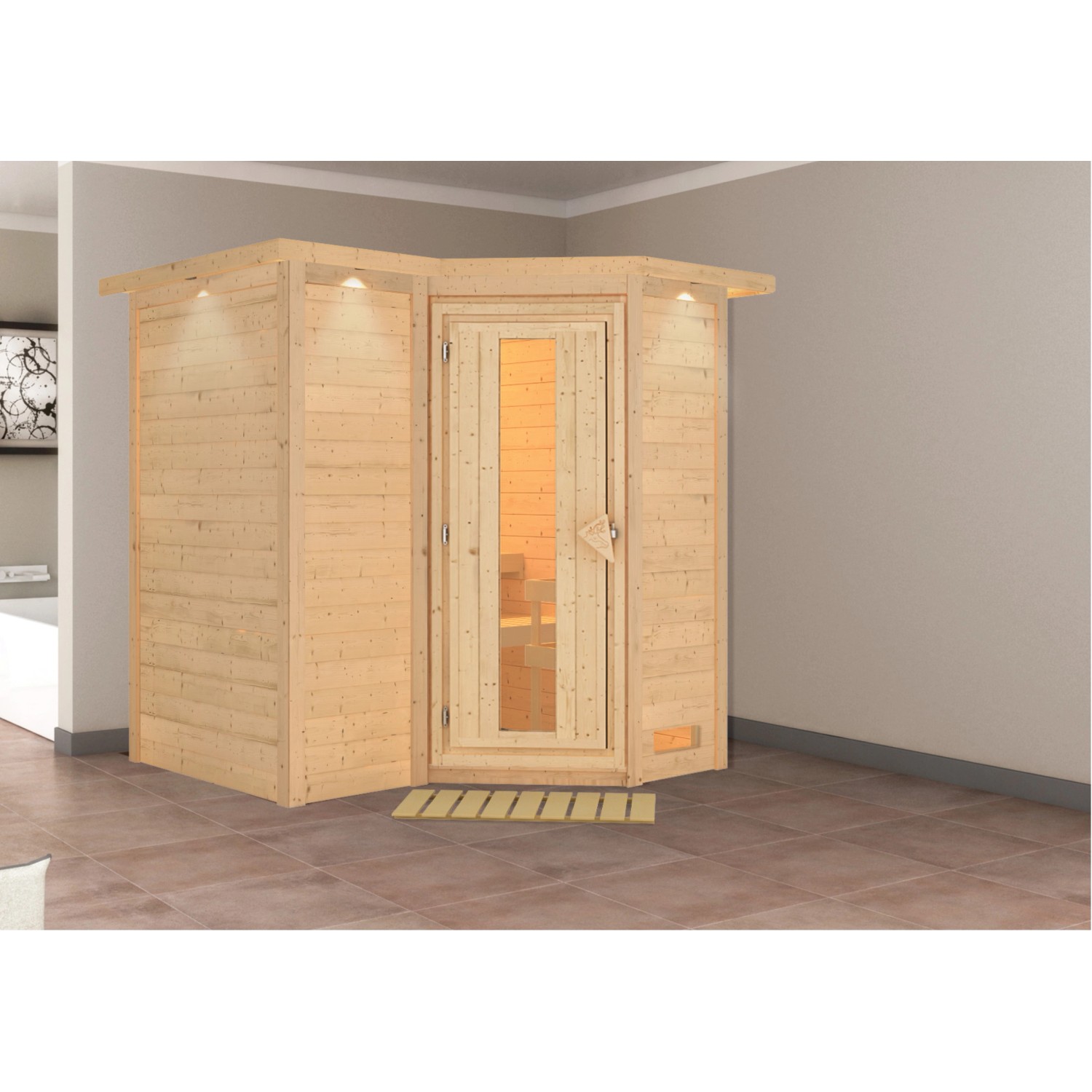 Woodfeeling Sauna Steena 1 naturbelassen mit Dachkranz und Energiespartür günstig online kaufen