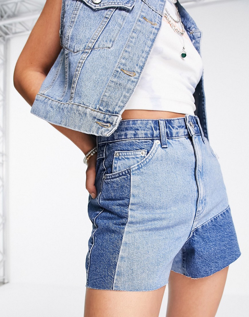 Topshop – Patchwork-Shorts in mittelblauer Waschung günstig online kaufen