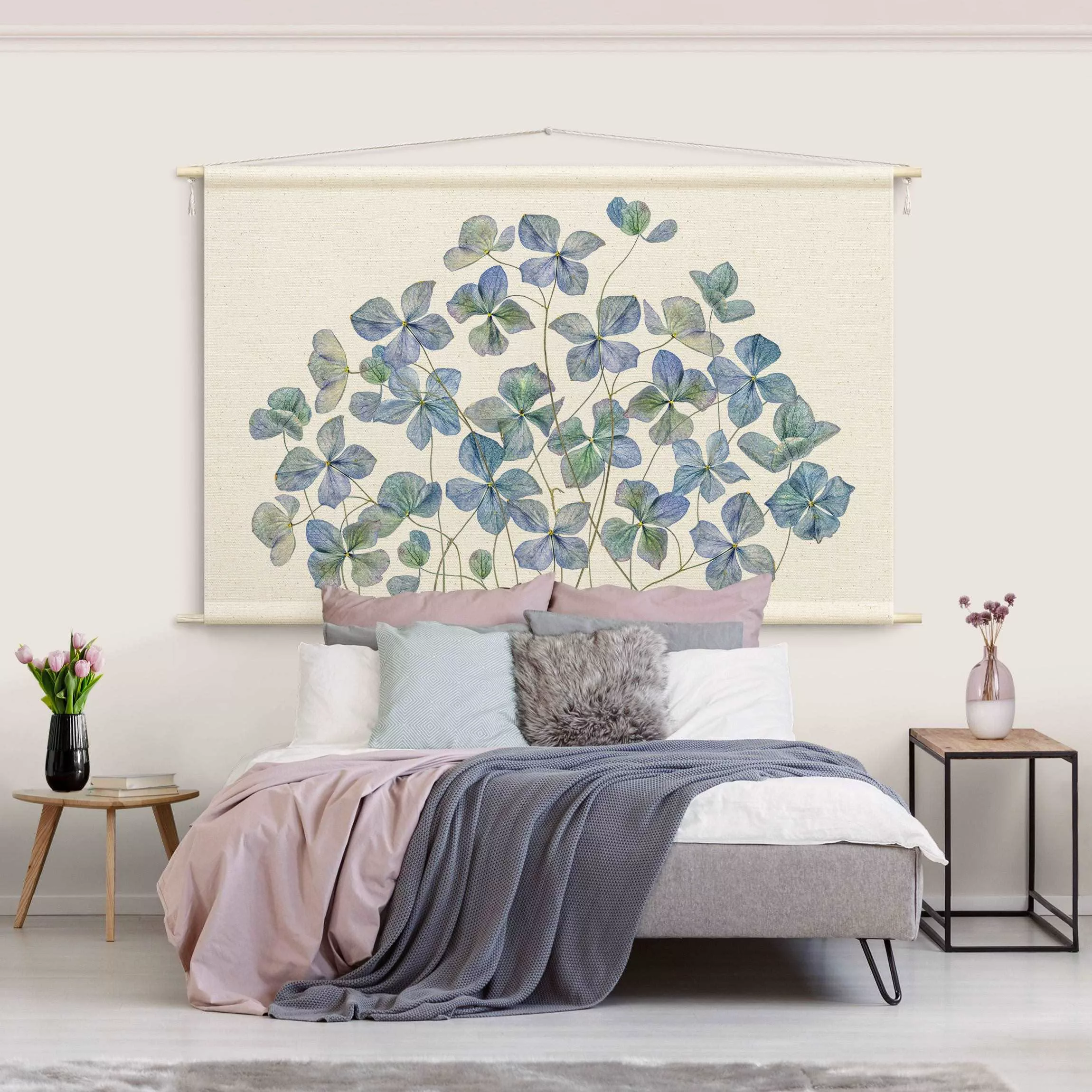 Wandteppich Blaue Hortensienblüten günstig online kaufen