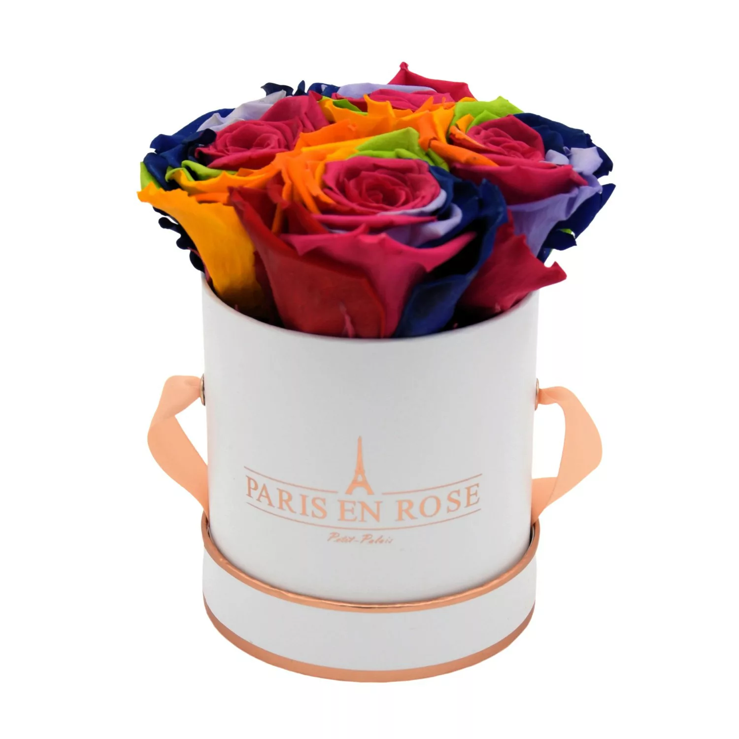 Rosenbox Ø 10 cm Weiß-Roségold mit 4 Rainbow Rosen günstig online kaufen