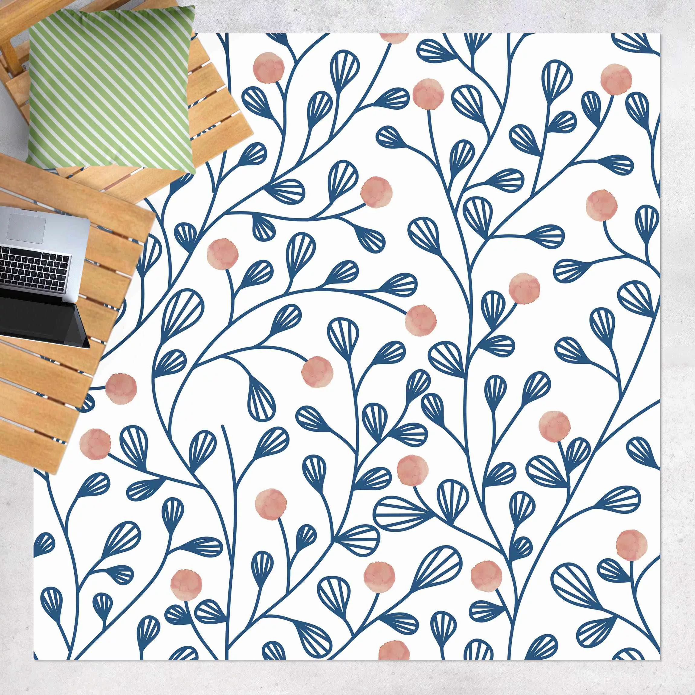 Vinyl-Teppich Blaues Pflanzen Muster mit Punkten in Rosa günstig online kaufen