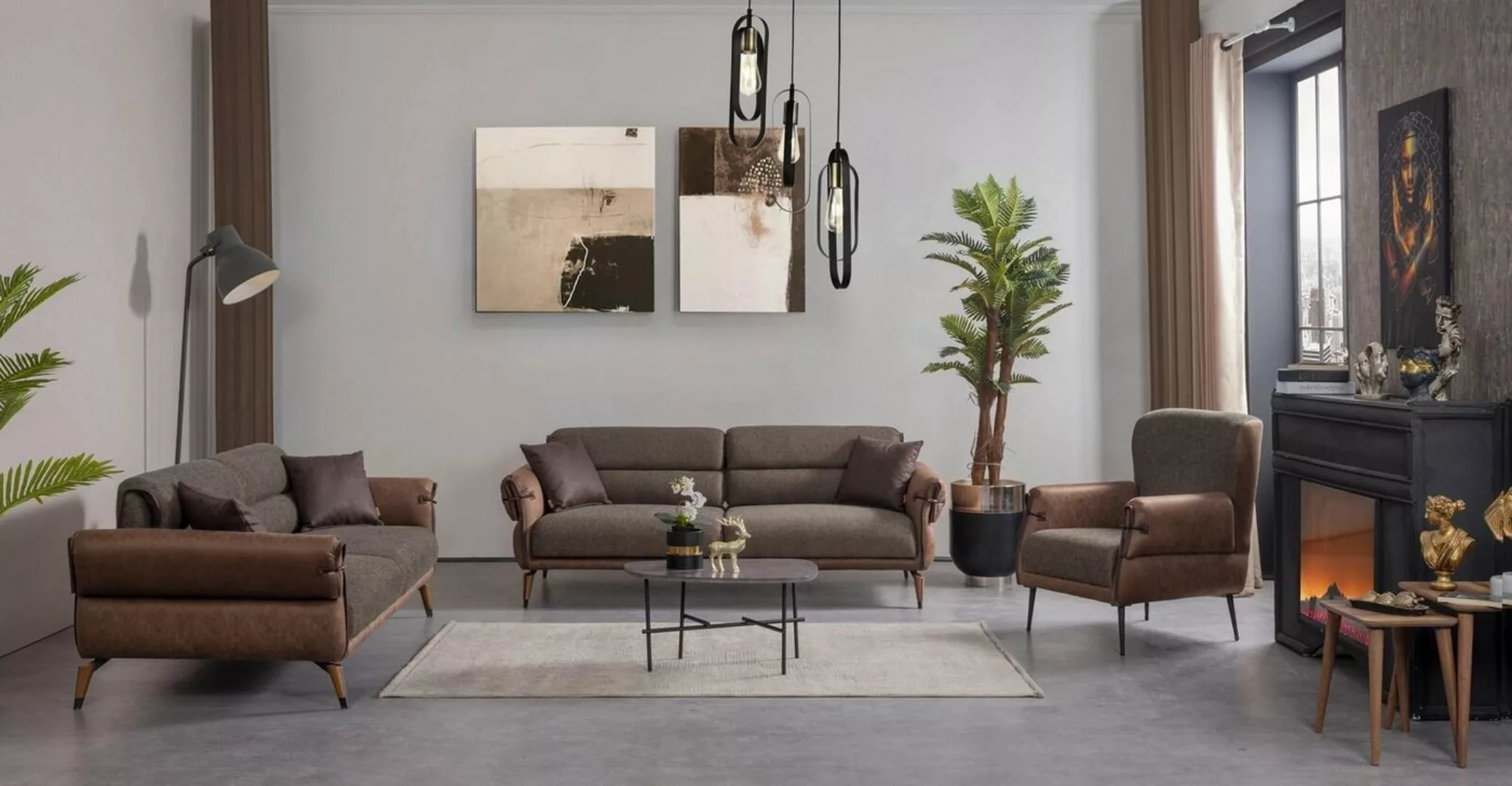 JVmoebel Sofa Polstermöbel Textil Wohnzimmer Set 3tlg Sofa Zweisitzer Sesse günstig online kaufen