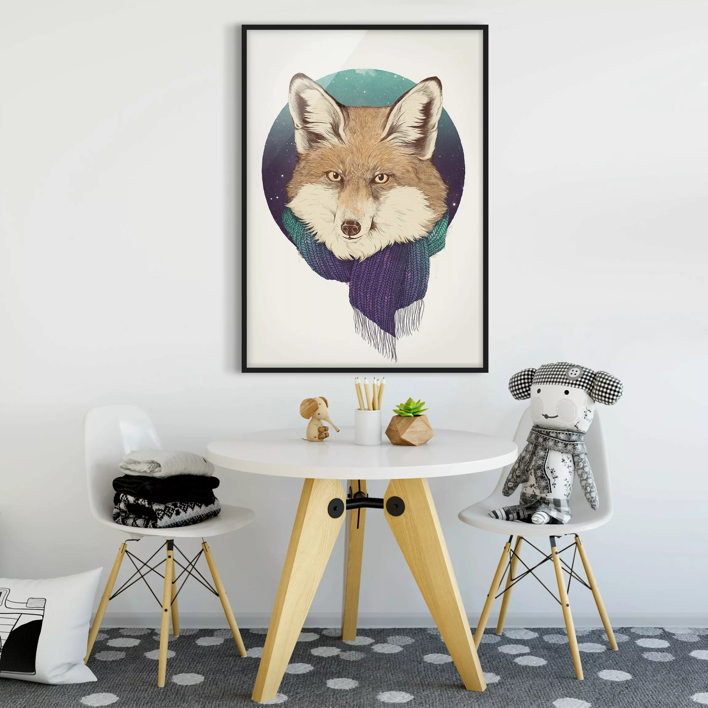 Bild mit Rahmen Tiere - Hochformat Illustration Fuchs Mond Lila Türkis günstig online kaufen