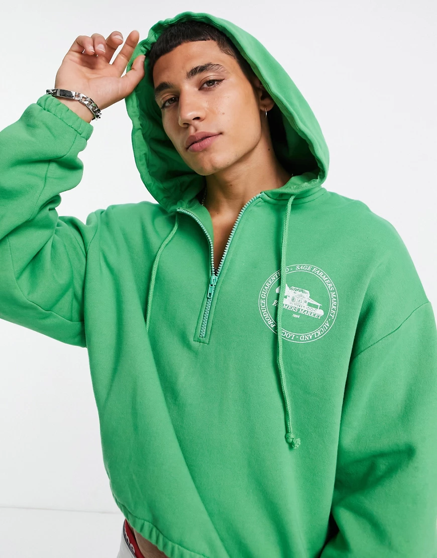 ASOS DESIGN – Kurzer Oversize-Kapuzenpullover in Grün mit kurzem Reißversch günstig online kaufen