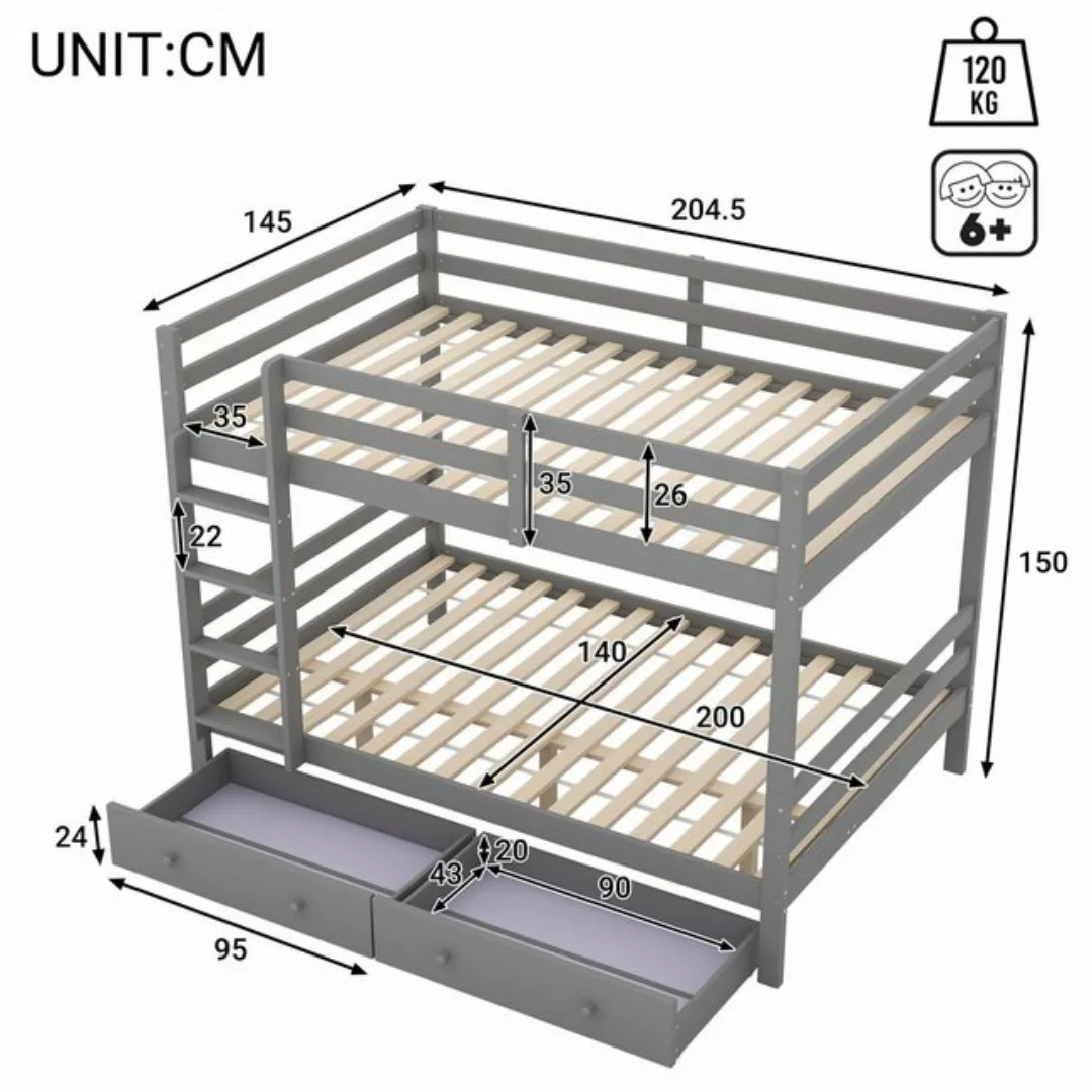 Flieks Etagenbett, Massivholz Kinderbett Doppelbett 140x200cm mit 2 Schubla günstig online kaufen