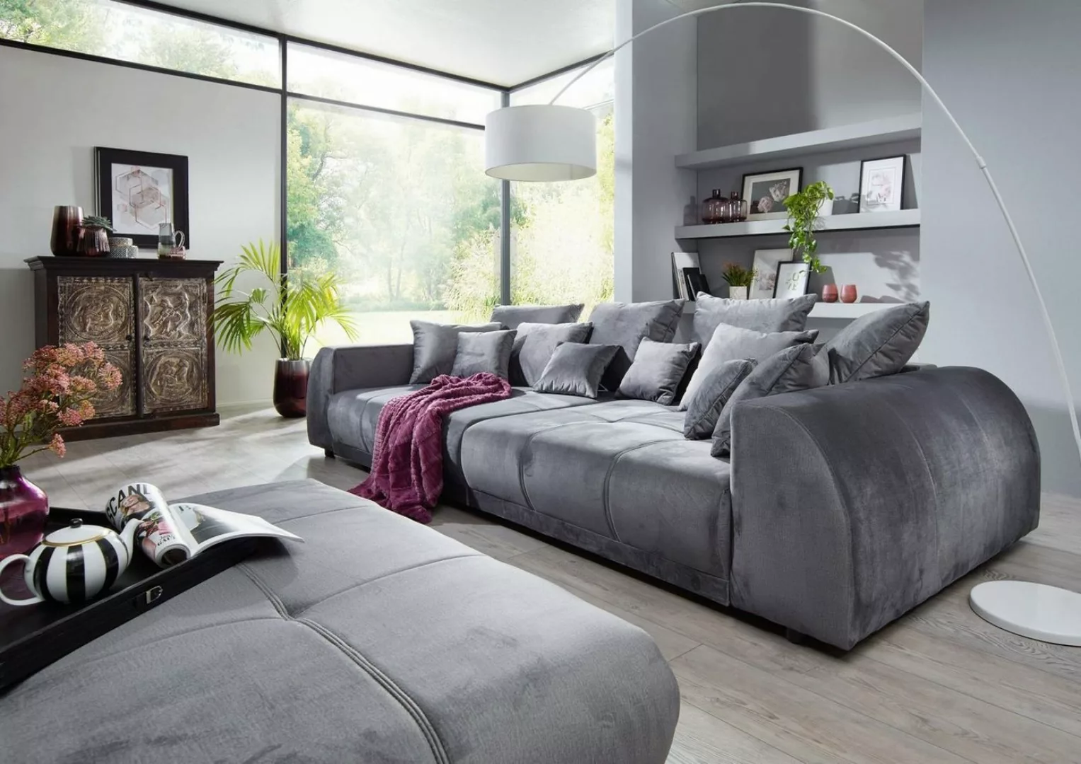 Massivmoebel24 Big-Sofa Bigsofa inkl. Hocker grau VANESSA #180 günstig online kaufen
