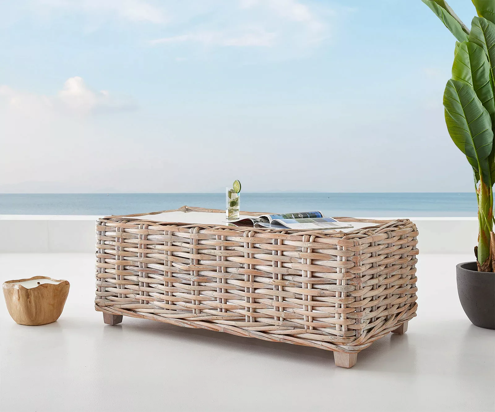 Loungetisch Nizza 133x73 cm Rattan white washed Glasplatte günstig online kaufen