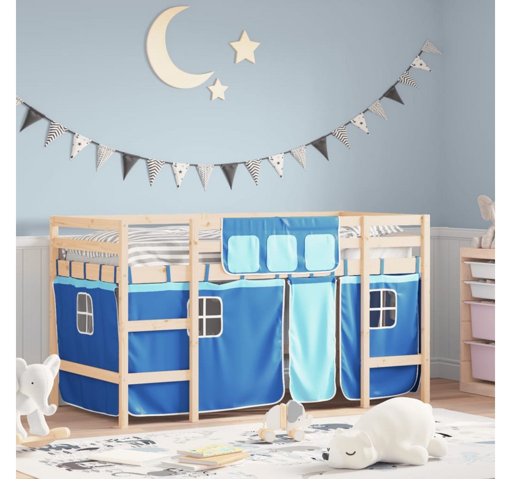 vidaXL Kinderbett Kinderhochbett mit Vorhängen Blau 90x190 cm Massivholz Ki günstig online kaufen