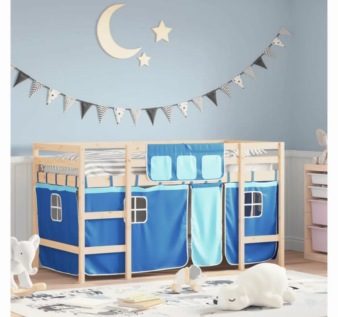 vidaXL Kinderbett Kinderhochbett mit Vorhängen Blau 90x190 cm Massivholz Ki günstig online kaufen