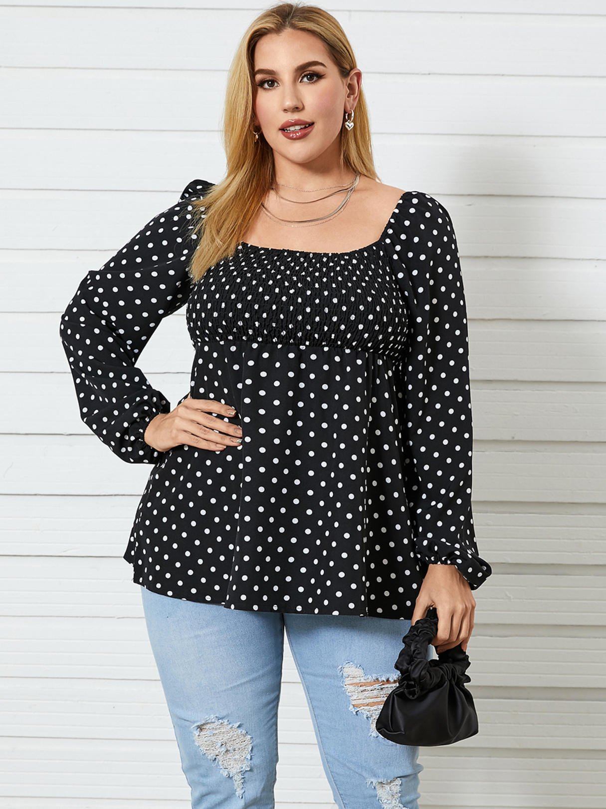 YOINS Plus Größe Square Neck Polka Dot Rückenfreies Design Langarm Bluse günstig online kaufen