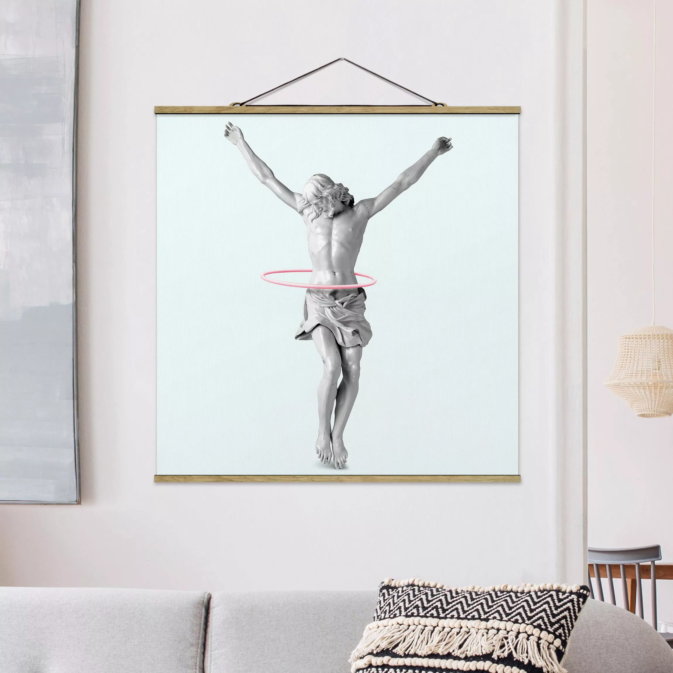 Stoffbild mit Posterleisten - Quadrat Jesus mit Hula Hoop Reifen günstig online kaufen