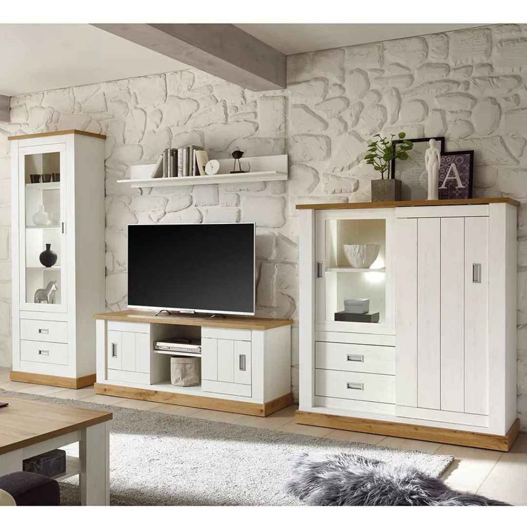 TV Wohnwand in Weiß und Wildeiche Optik Landhaus Design (vierteilig) günstig online kaufen