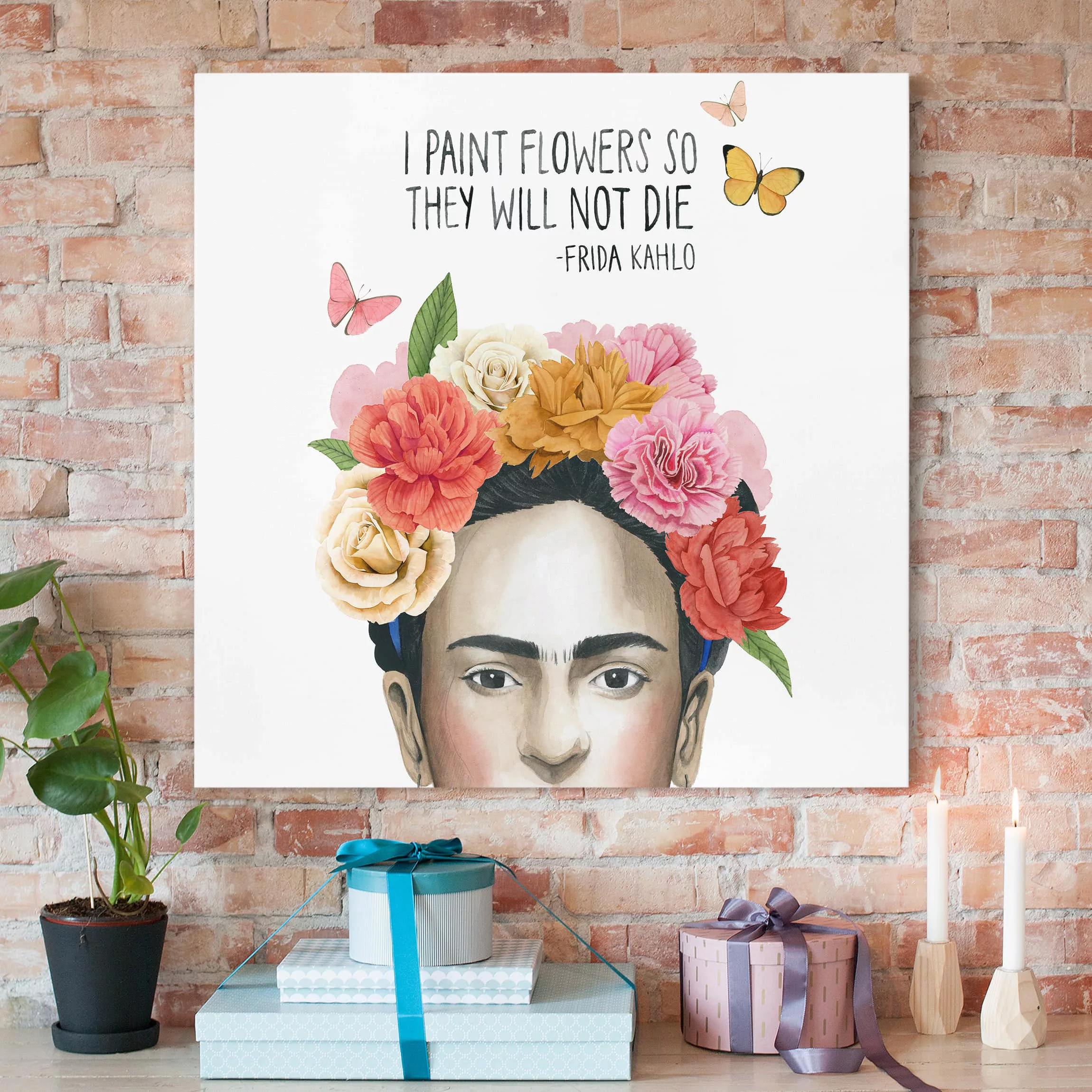 Leinwandbild Spruch - Quadrat Fridas Gedanken - Blumen günstig online kaufen