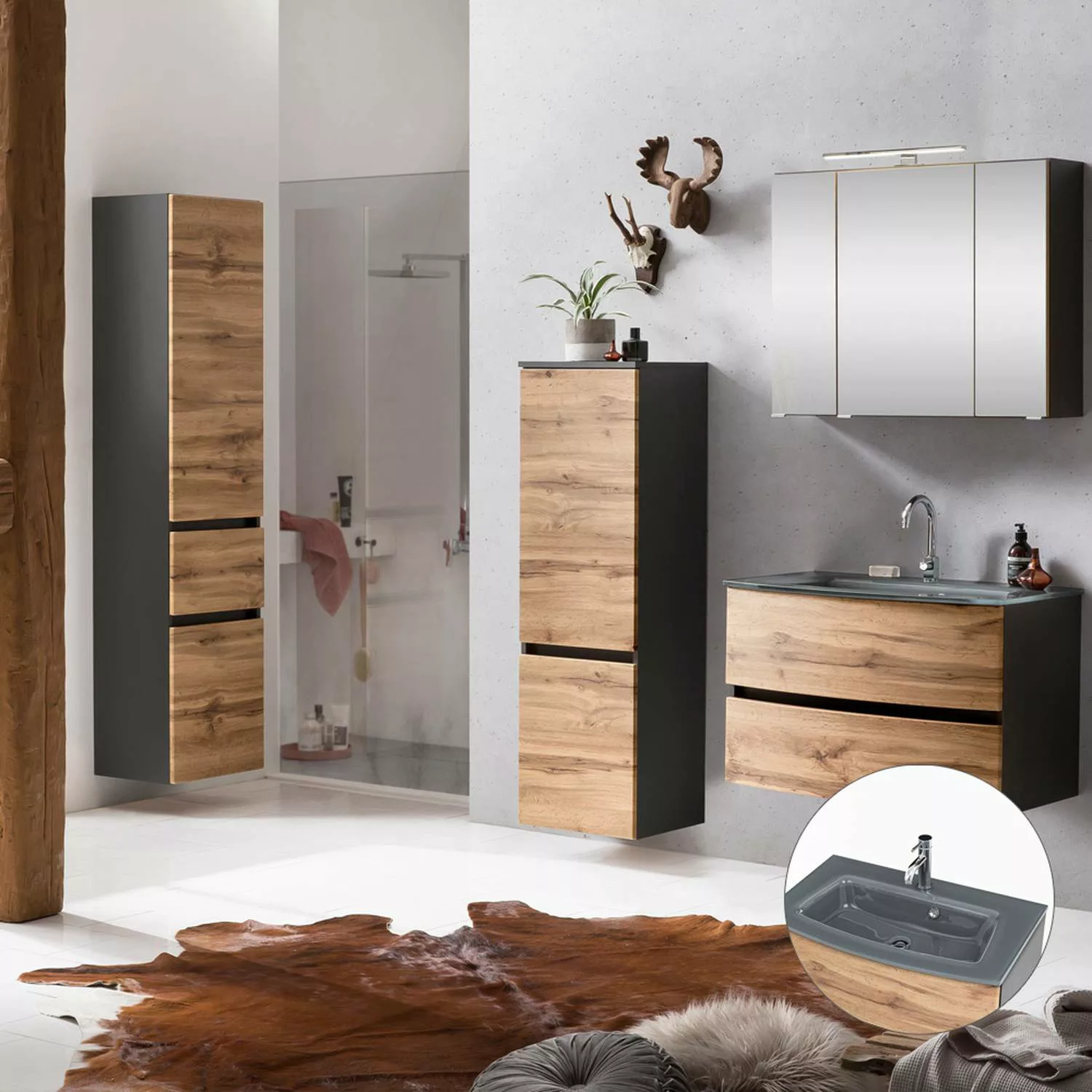 Badezimmer Kombination 4-tlg. LAURIA-03 in Graphitgrau mit Wotaneiche Nb., günstig online kaufen