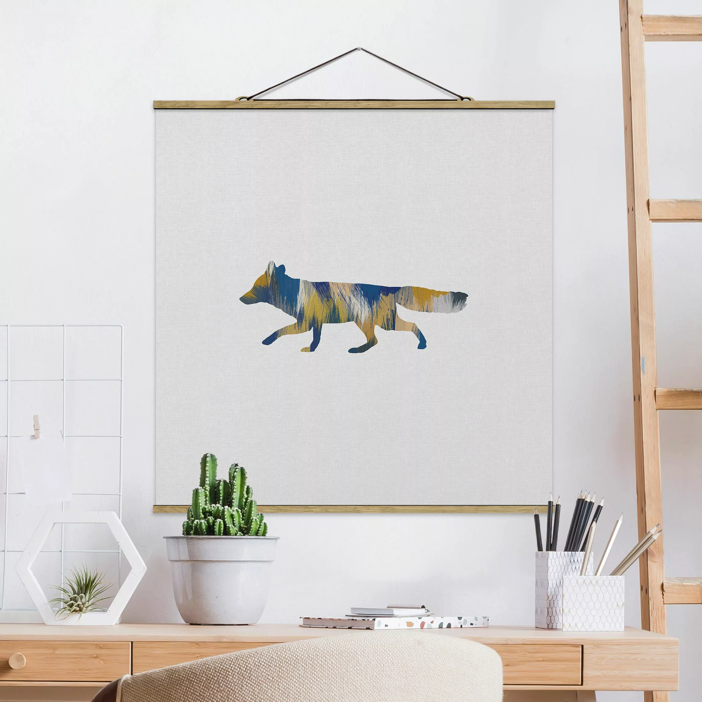 Stoffbild mit Posterleisten Fuchs in Blau und Gelb günstig online kaufen