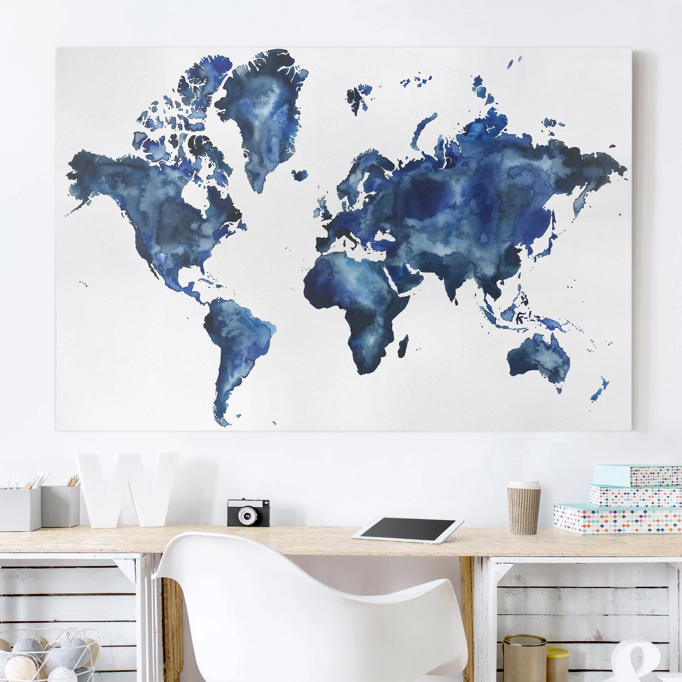 Leinwandbild Weltkarte - Querformat Wasser-Weltkarte hell günstig online kaufen