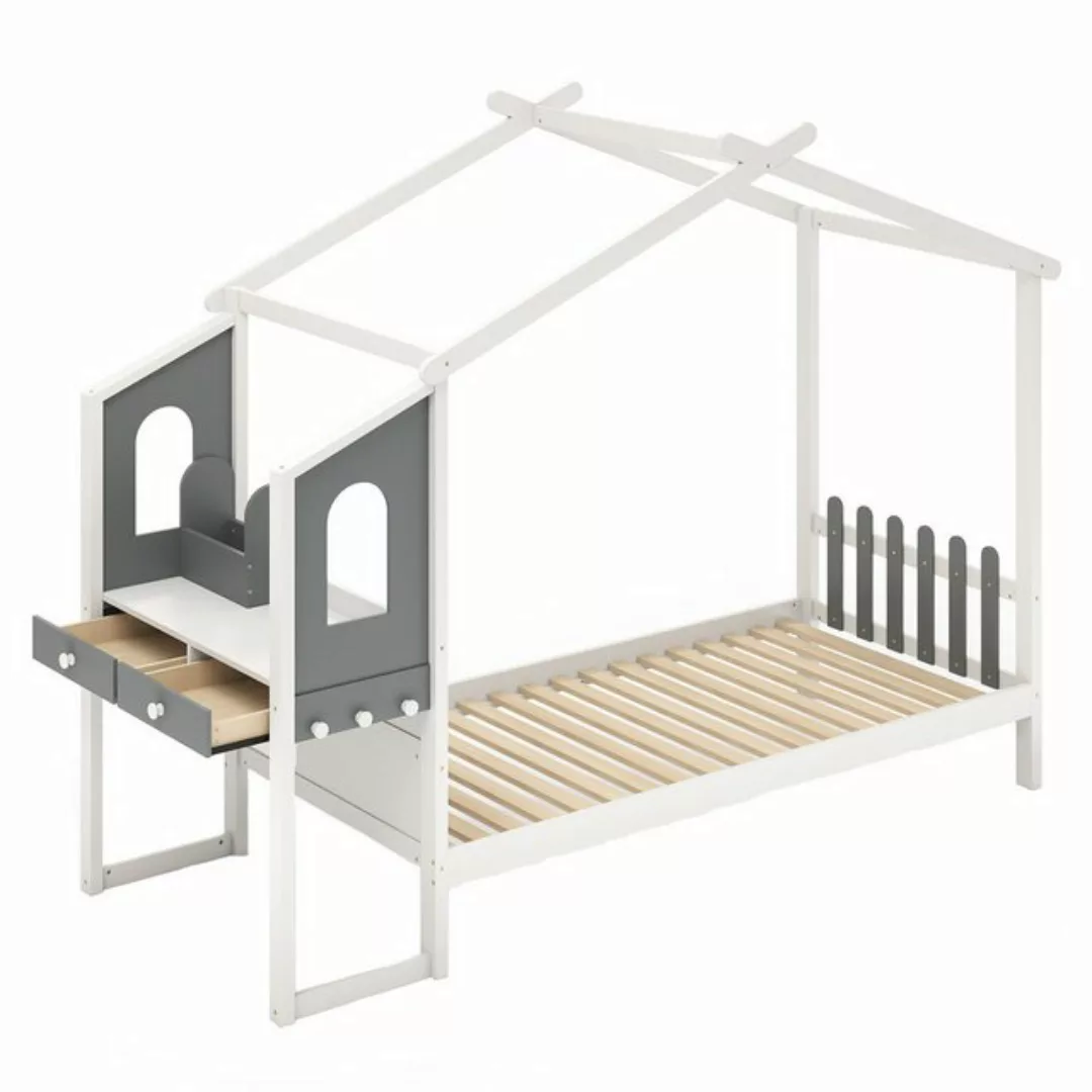 KOMFOTTEU Kinderbett, Hausbett mit Schreibtisch, Schubladen & Haken,140x200 günstig online kaufen