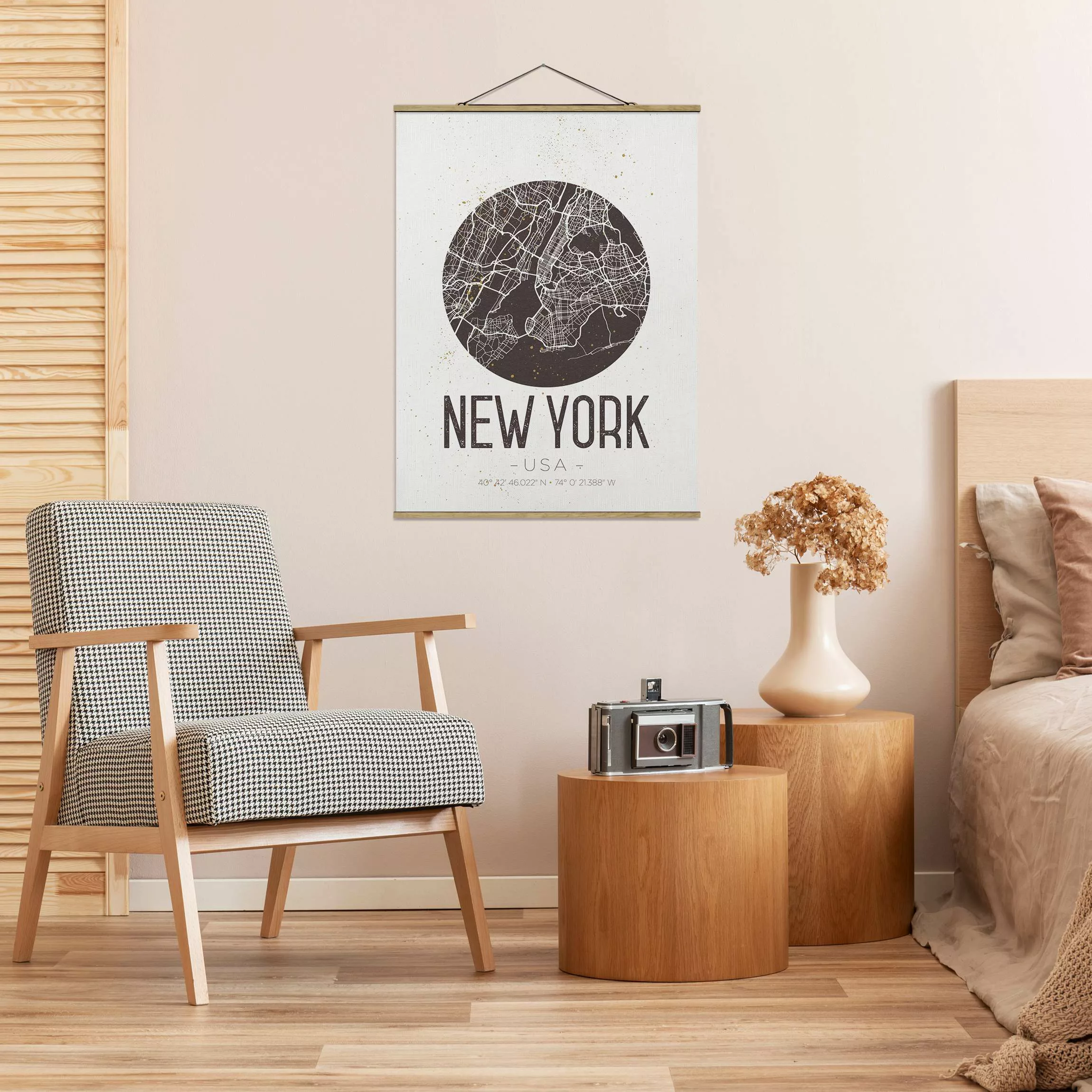 Stoffbild Karten mit Posterleisten - Hochformat Stadtplan New York - Retro günstig online kaufen