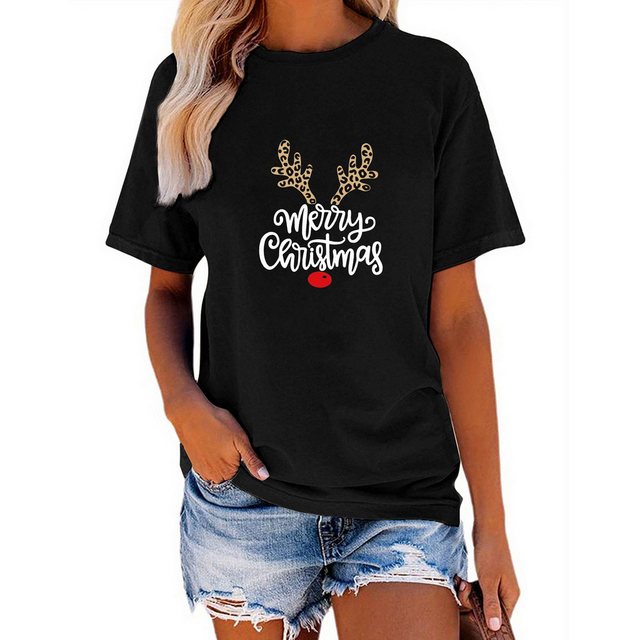 PYL Kurzarmbluse Damen Christmas Kurzarmbluse Locker Elch Print-Shirt Casua günstig online kaufen