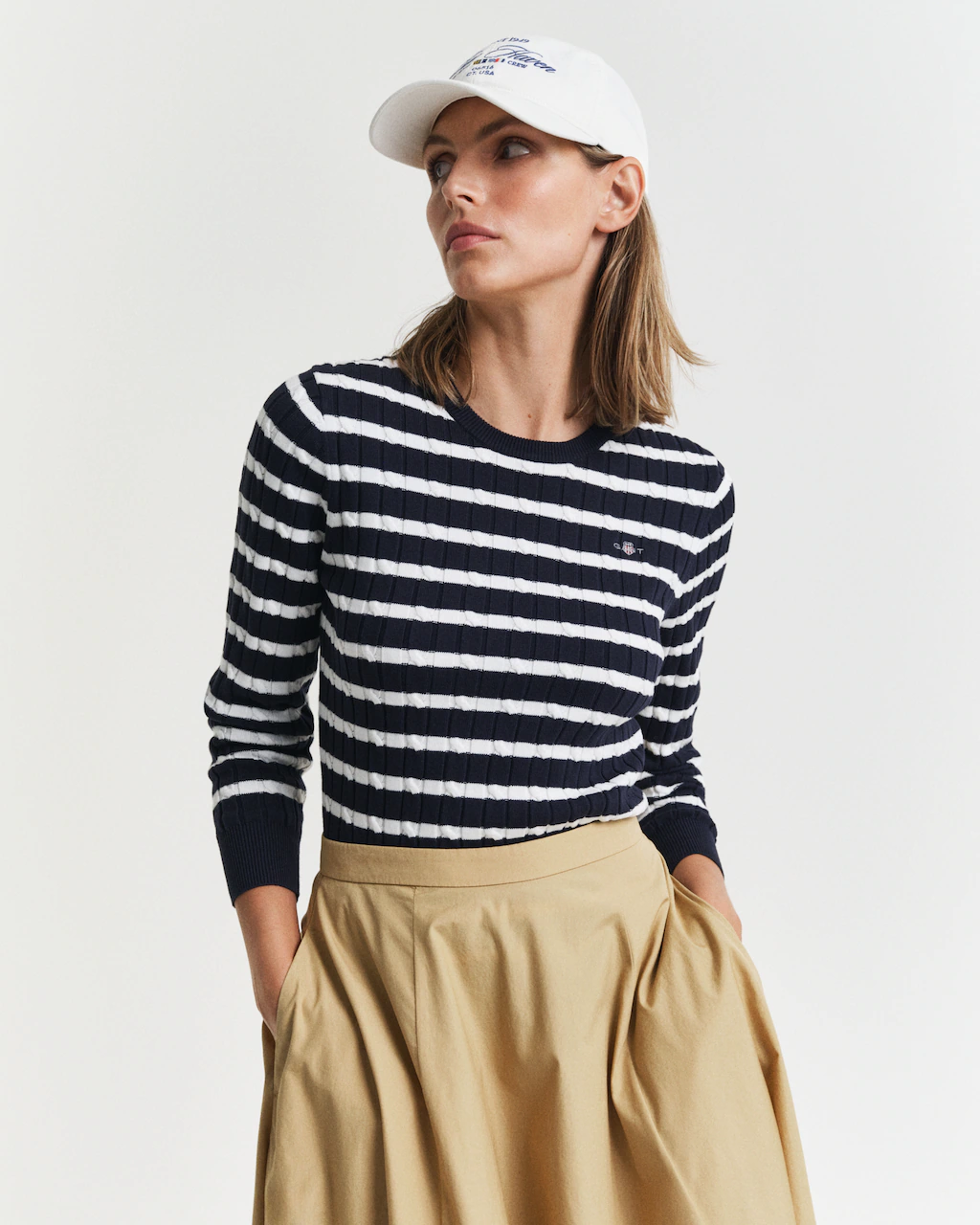 Gant Rundhalspullover "STRETCH COTTON CABLE STRIPE C-NECK" günstig online kaufen