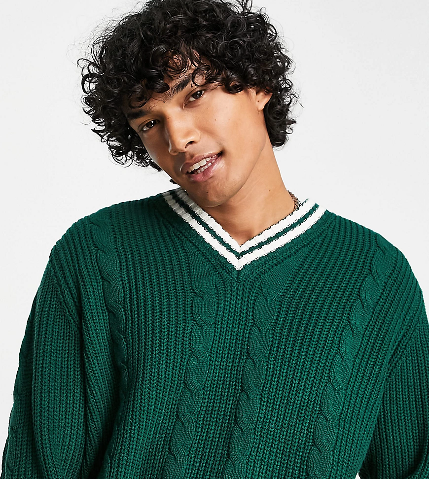 Reclaimed Vintage Inspired – Cricket-Pullover mit Zierstreifen-Grün günstig online kaufen