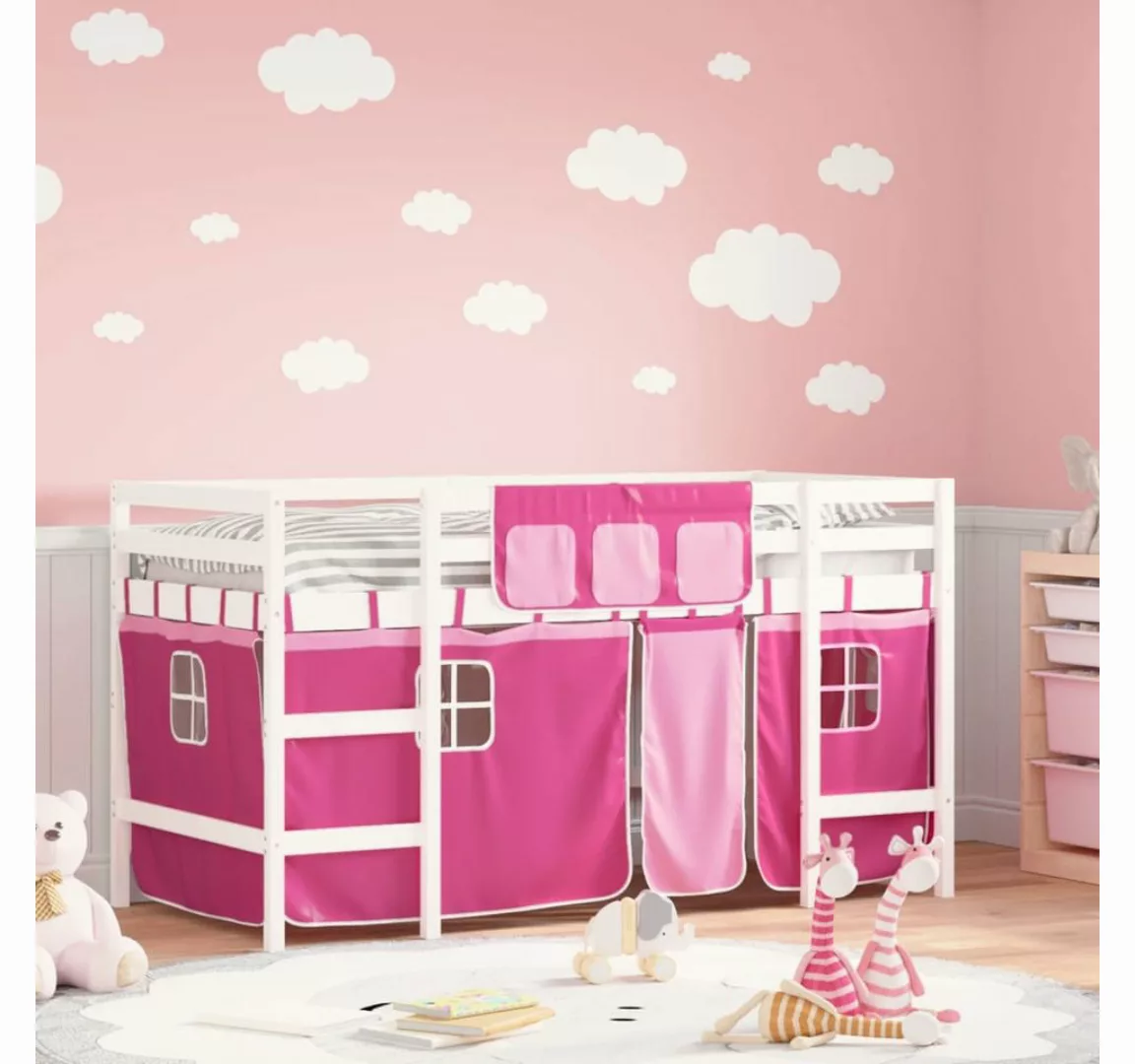 vidaXL Kinderbett Kinderhochbett mit Vorhängen Rosa 80x200 cm Massivholz Ki günstig online kaufen