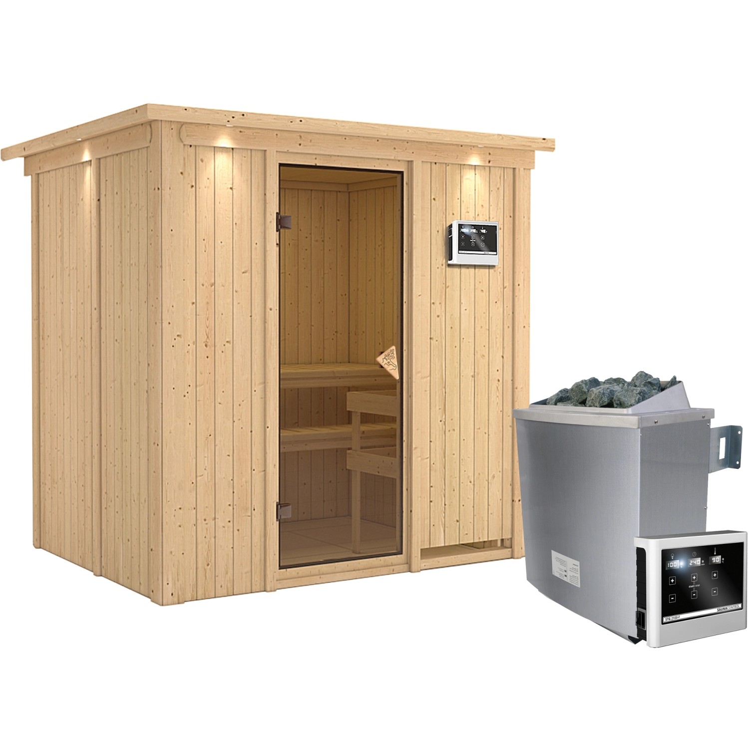 Karibu Sauna-Set Bjarne inkl. Edelstahl-Ofen 9 kW mit ext. Steuerung, Dachk günstig online kaufen