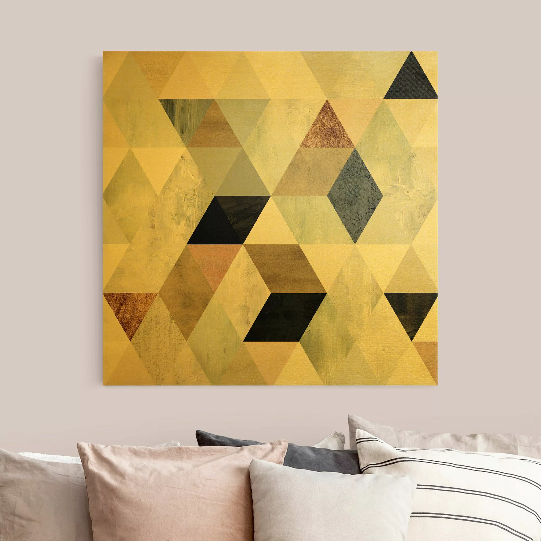 Leinwandbild Gold Aquarell-Mosaik mit Dreiecken II günstig online kaufen