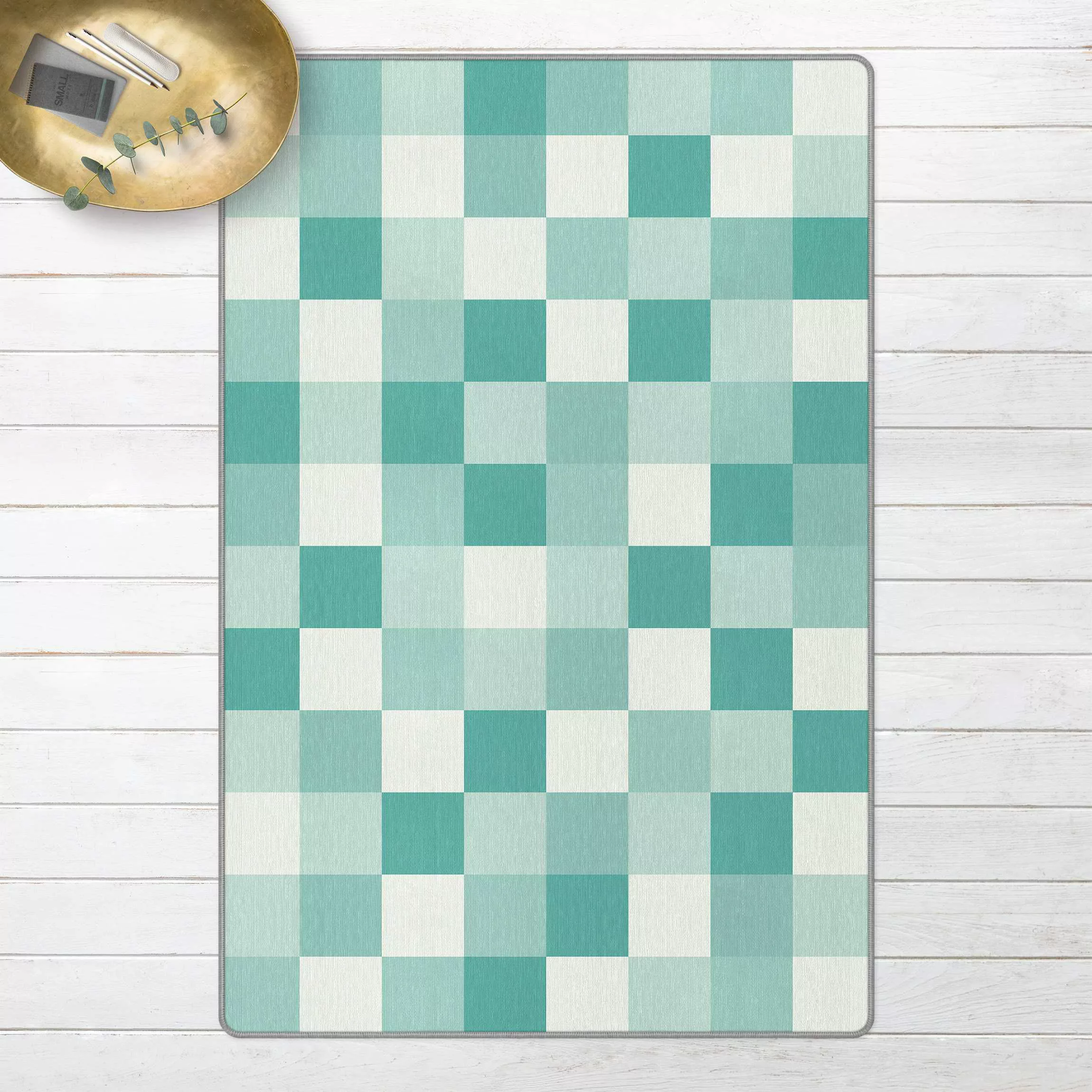 Teppich Geometrisches Muster Buntes Schachbrett Blau günstig online kaufen