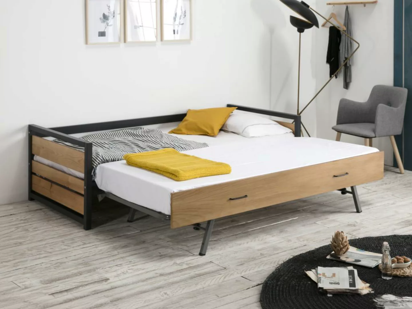 Ausziehbett + Matratzen - 2 x 90 x 190 cm - MDF, Kiefernholz & Metall - Nus günstig online kaufen