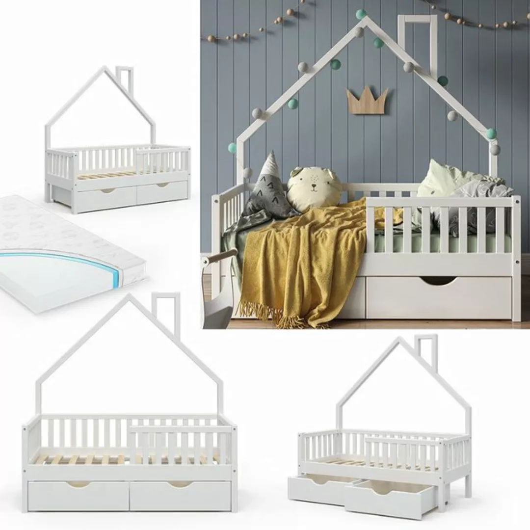 VitaliSpa® Hausbett Kinderbett Spielbett Noemi 70x140cm Weiß Matratze Schub günstig online kaufen