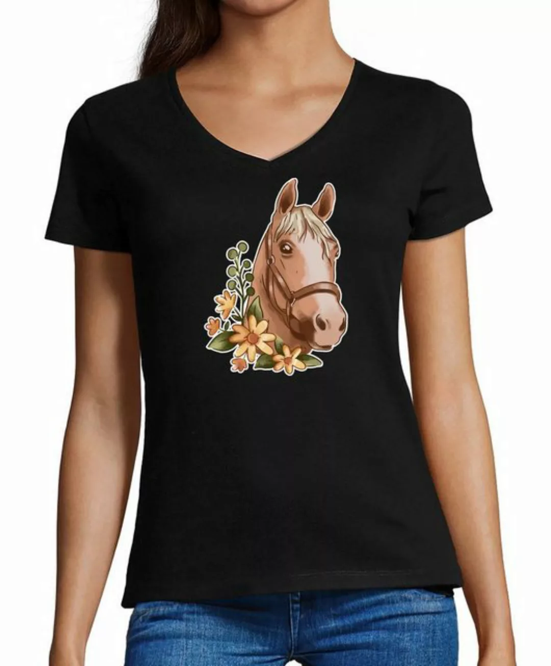 MyDesign24 T-Shirt Damen Pferde Print Shirt - Hellbraunes Pferd im Blumenkr günstig online kaufen