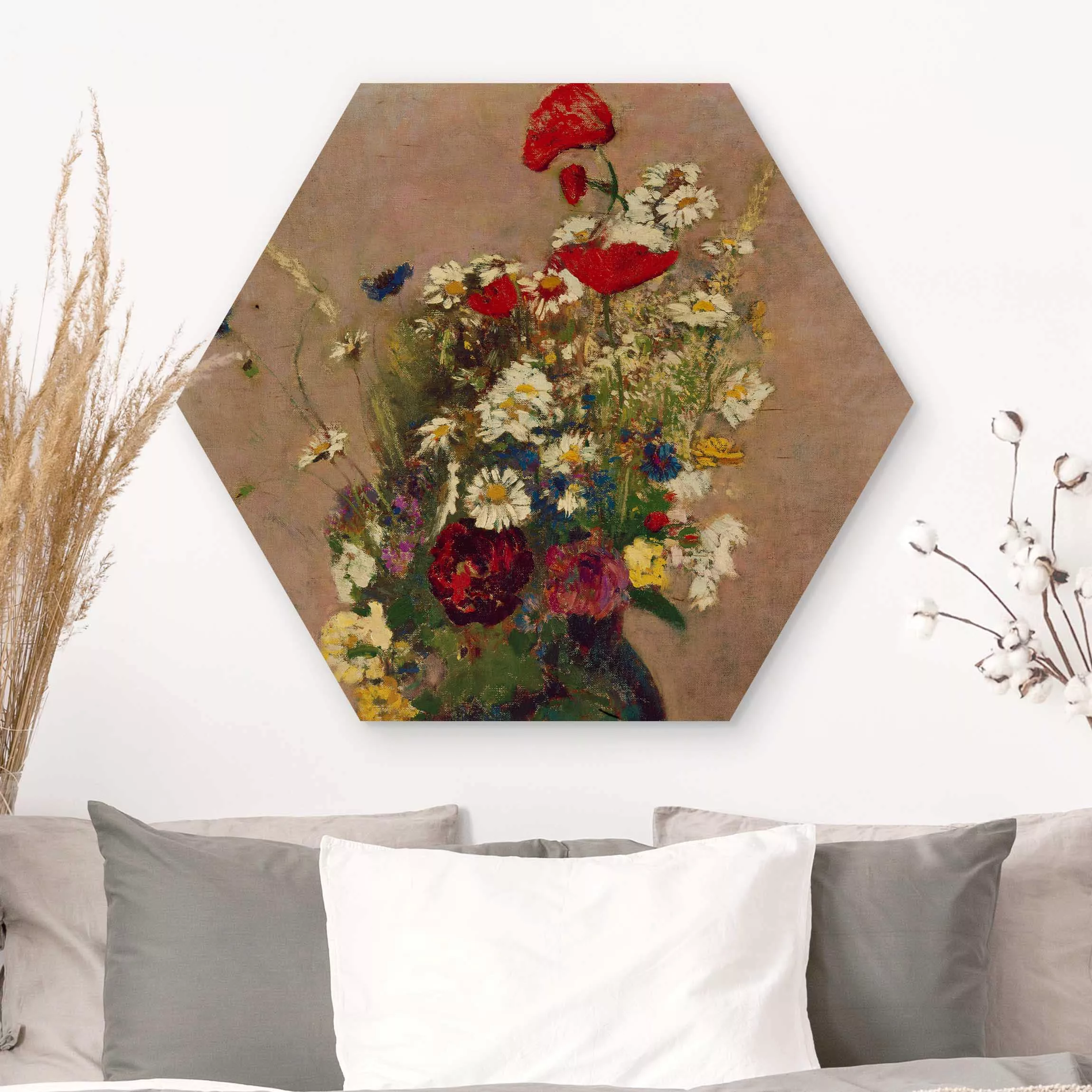 Hexagon-Holzbild Kunstdruck Odilon Redon - Blumenvase mit Mohn günstig online kaufen
